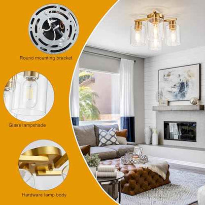 4 Light Semi Flush Mount Ceiling Light Brushed Gold Kitchen Lighting Fixtures Ceiling Brass Hallway Cieling Lights Fixture with Clear Glass Shade for Bedroom Dining Room