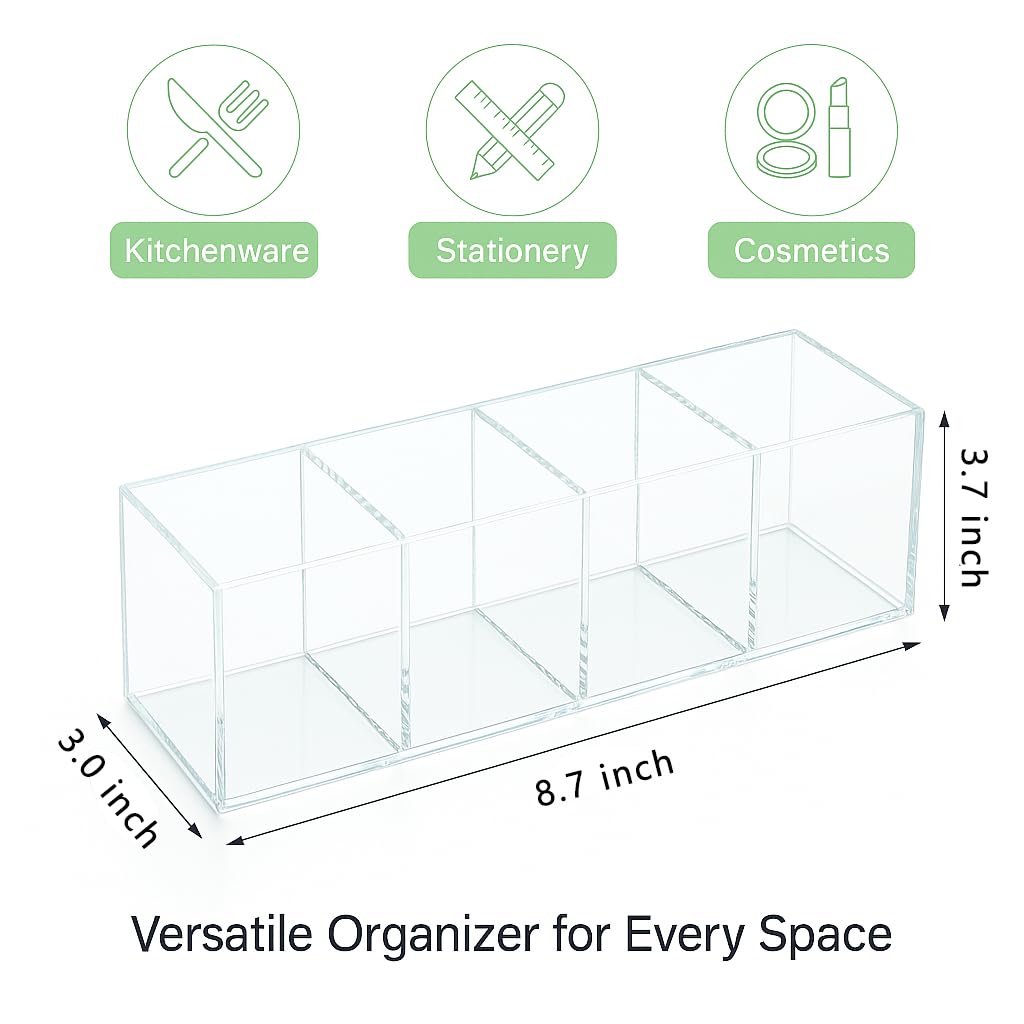 elysolpluv Clear Acrylic 4-Compartment Organizer Box, Large (8.7" × 3.0" × 3.7") – Handcrafted, Eco-Friendly, Minimal Packaging Home Storage Organizer