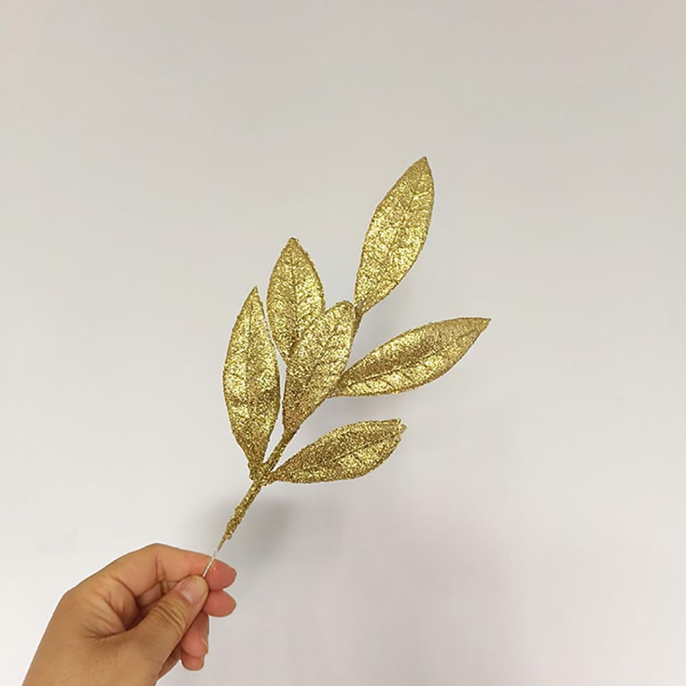 GSHLLO 12 Pcs 35cm Artificial Christmas Glitter Leaves Xmas Tree Filler Branches Winter Leaves Stems Faux Leaves Picks Christmas Floral Picks and Stems for Office Home Decorations Pink