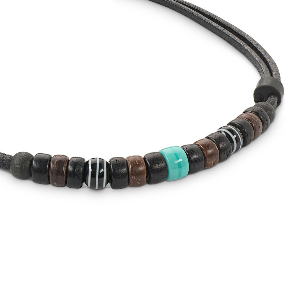 HANA LIMA Leather Necklace – Handmade Adjustable Unisex Jewelry with Coconut Beads and Natural Materials, Boho Surfer Style Necklace with Turquoise Glass Bead – Made in Germany
