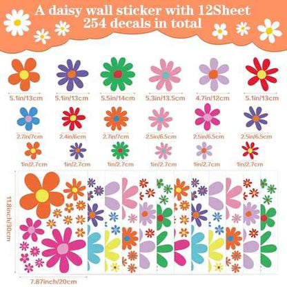 12 Sheets Daisy Wall Decals Boho Flower Wall Stickers Cute Kids Girls Room Decor Peel and Stick Floral Decals Toddler Nursery Playroom Living Room Bedroom Classroom Retro Hippie Decor Bright Style
