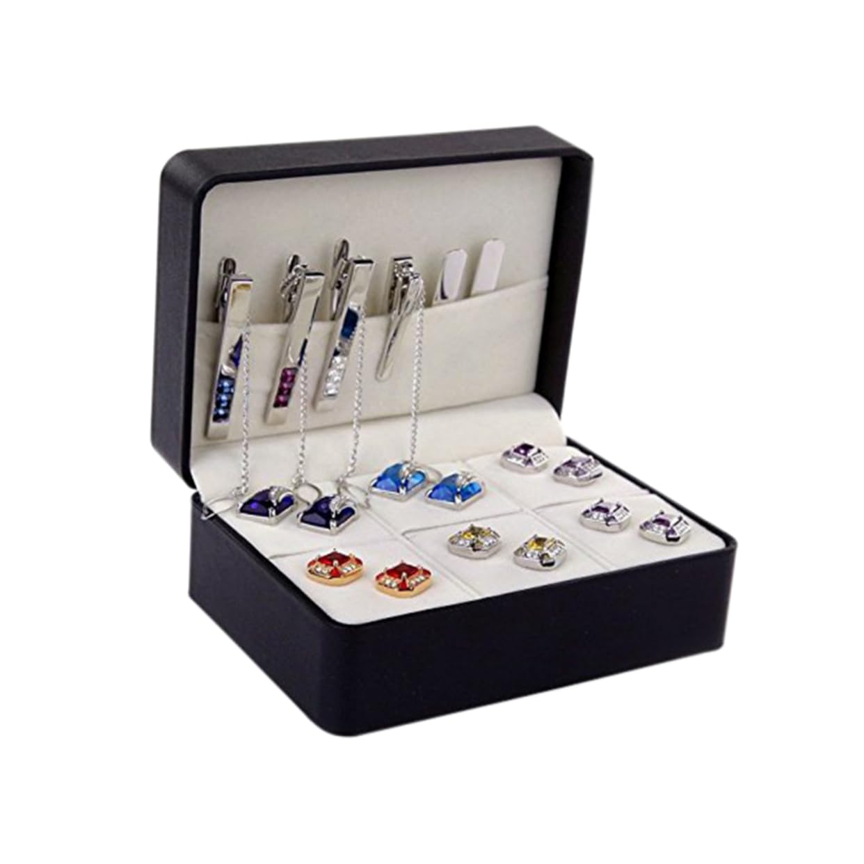 SHERCHPRY 6-Compartment Cufflink and Tie Clip Storage Box Black Compact Pu Organizer Case for Men Jewelry Display and Travel