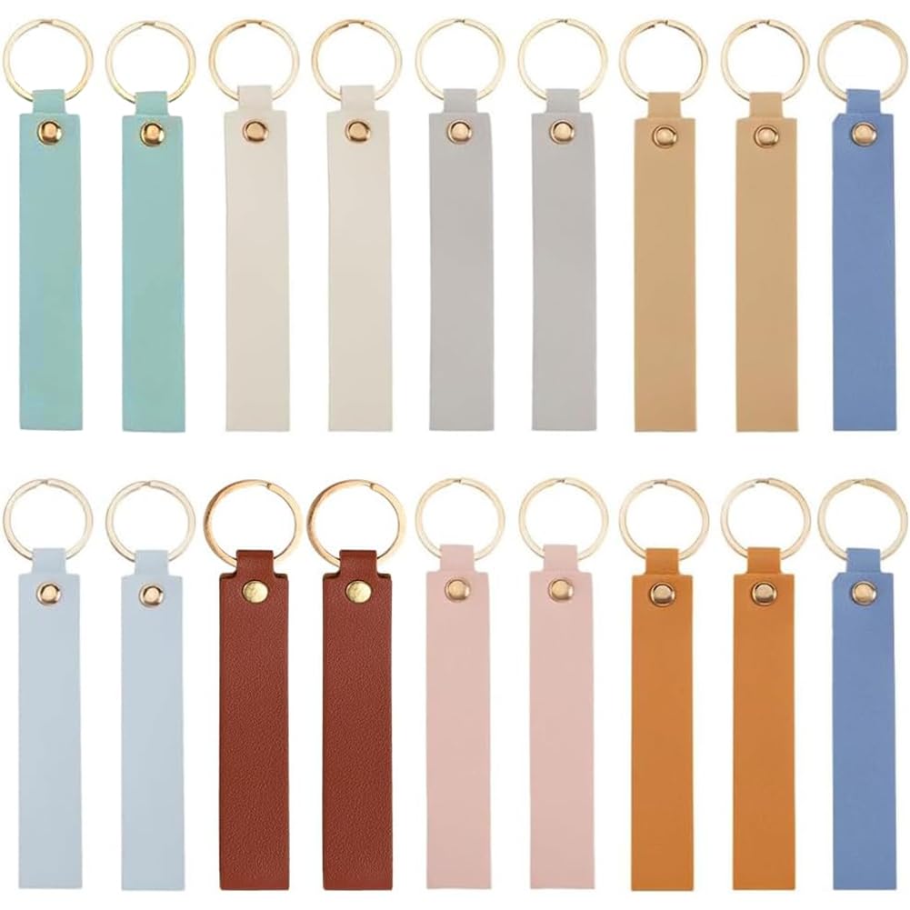SUNNYCLUE 27Pcs 9 Colors 13.7cm Keychain Blanks Faux Leather Key Chains Bulk Light Colorful PU Rectangular Engraving Blank Keychains Holder with Gold Iron Key Ring for Keys Chain Stamping DIY Crafts