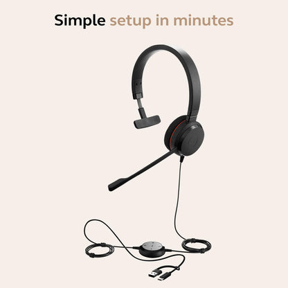 Jabra Evolve 20 (2025 Edition) Single-Ear Headset for Office and Home - Call Control - All Platforms - USB-C/A Connectivity - Black