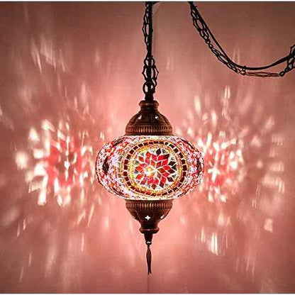DEMMEX Plug-in Turkish Moroccan Mosaic Hanging Pendant Ceiling Light ? Swag Lamp Fixture with 15ft Cord & Chain, Handcrafted Glass, Tiffany Style, Mediterranean Decor (Amber Brown)