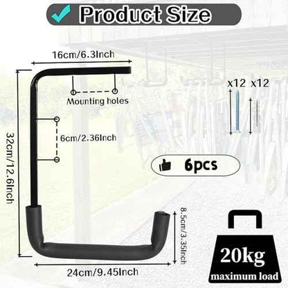 6pcs Overhead Garage Storage Rack, tility Ladder Hangers, Ceiling Mounted Garage Hooks for Lumber Bike Tools(9.45 x 12.6 Inch)