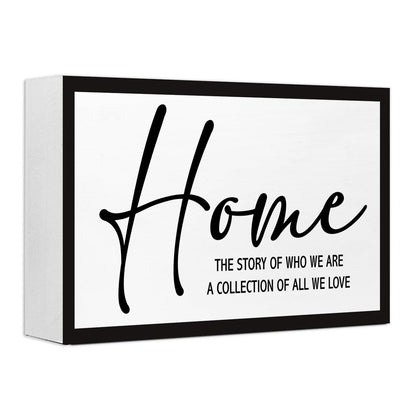 Home the Story of Who We are Sign Wooden Box Desk Decor,Rustic Farmhouse House Wood Block Sign for Home Living Room Shelf Tabletop Decor 10'' x 6''