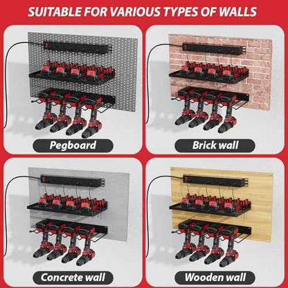 Power Tool Organizer With Charging Station, Wall Mount Drill Holder, Screwdriver and Battery Organizer, Heavy Duty Rack for Garage, Workshop, Tool Room, Workbench