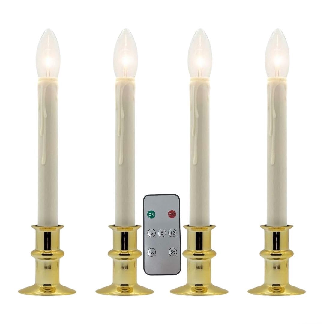 Celestial Lights Battery Operated Traditional Adjustable Window Candles - with Remote - Set of 4 (Brass)