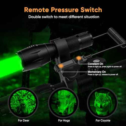 WINDFIRE Green Light LED Flashlight Super Bright Zoomable Waterproof Outdoor Tactical Hunting Flashlight Set with Pressure Switch, Picatiny Mount for Hog Coyote Varmint Hunter