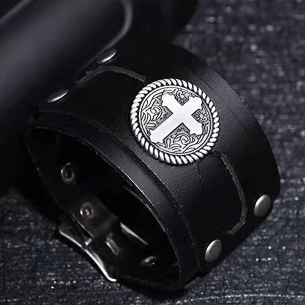 NIGHTCRUZ Wide Leather Bracelet with Cross, Medieval Leather Cuff Wristband for Mens