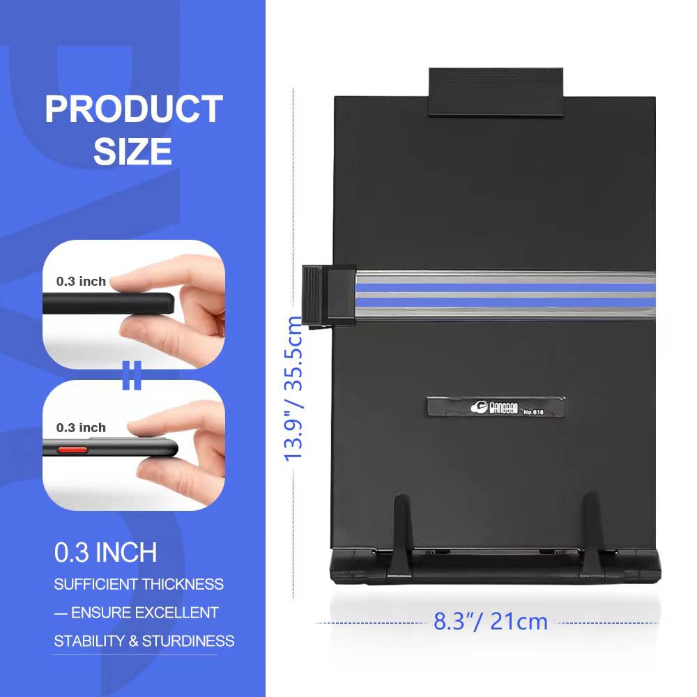 Desktop Document Holder Stand with 7 Adjustable Positions, Black Metal File Organizer Management Copyholder for Typing Speech Reading A4 Letter Music Book Tablet Office, with Paper Clip and Line Guide