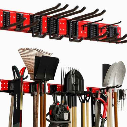 Garage Tool Organizer Wall Mount 49.5inch With 9 Hooks,Shovel Holder Wall Mount Ski Rck for Garage Garden Tool Rack Heavy Duty(Red)
