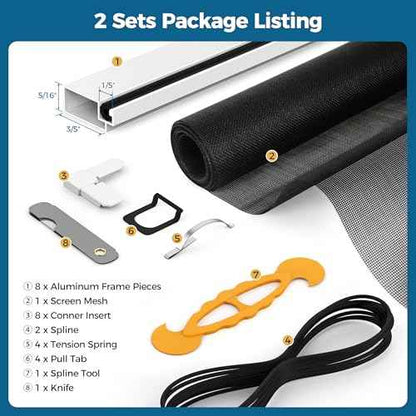 2 Sets Window Screen Frame Kit, 5/16 in x 3/5 in x 46 Inch, Makes Two Complete Screen 46" x 46" or Smaller, Includes Premium Screen Mesh, 8 Heavy Duty Corners & Durable Spline, White