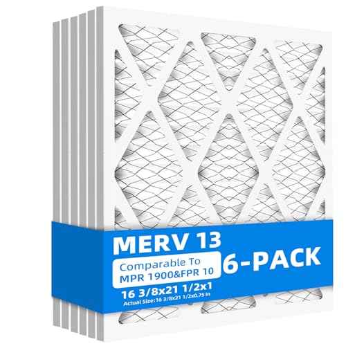 (6 Pack) 16 3/8x21 1/2x1 Furnace Air Filters, MPR 1900 & FPR 10, MERV 13 Pleated Air Filter (Actual Size: 16 3/8"x21 1/2"x3/4")