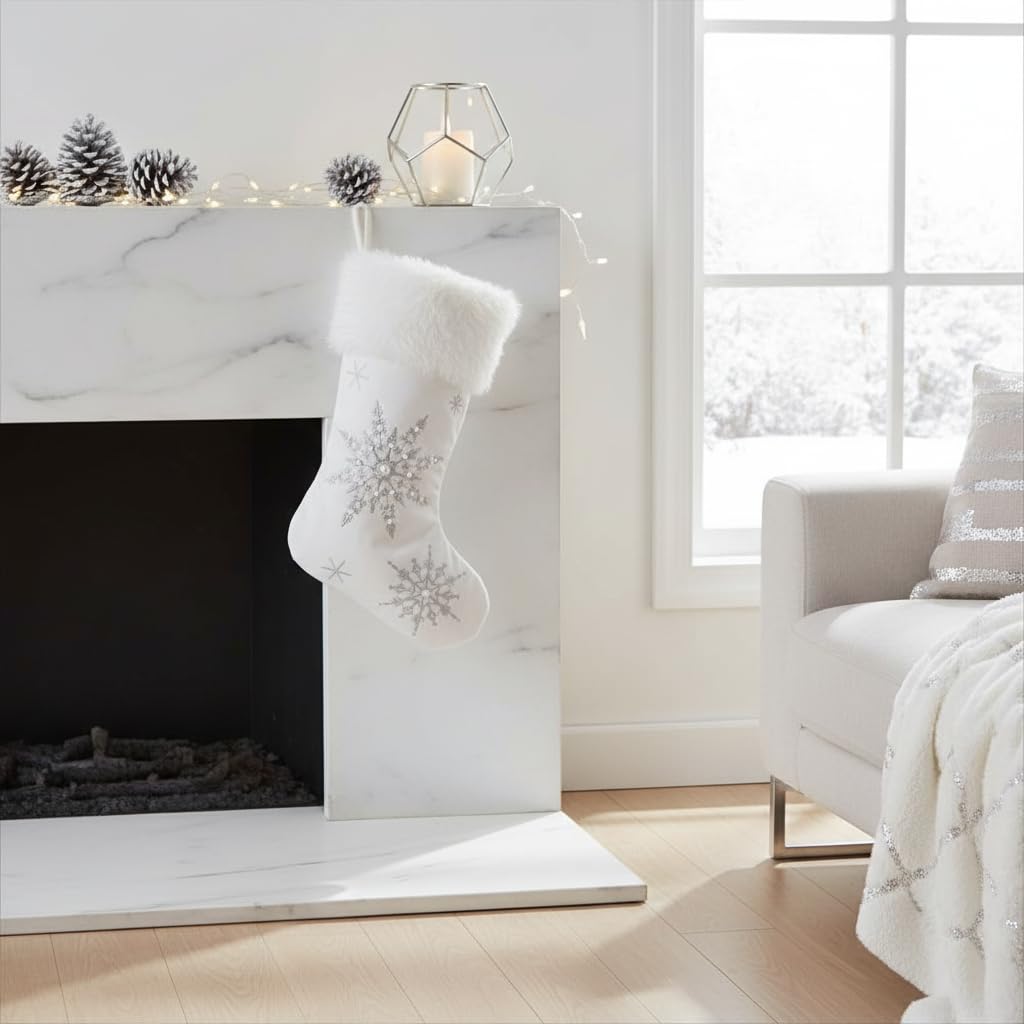 Comfy Hour 18" White Velvet Christmas Stocking, Soft Snowflake Embroidery with Faux Fur Trim, Elegant Holiday Mantel Hanging Decor, Winter Celebration Accent, Artisan Crafted Textile, 1 Unit