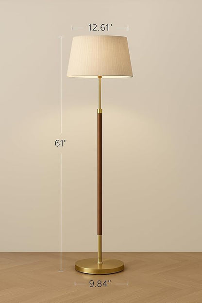 JOOFO Mid-Century Modern Wood Floor Lamp with Dual Fabric Shade, Remote Control, Dimmable & Adjustable Color Temperature, Reading & Living Room Lamp, Easy Clean Cover, Foot Switch