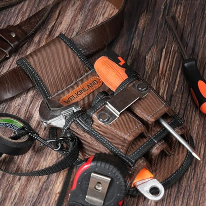 WELKINLAND 7-Pockets Tool Pouch, Brown Tool Pouch Organization, Heavy-Duty Electrician Tool Pouches Men, Side Belt Pouch, Small Electrician Holster