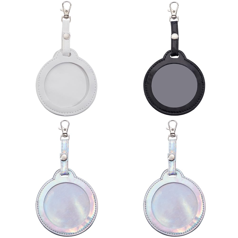 CALFOVERA 4 Colors PU Leather Bag Badge Holder Portable Clear Button Display Case Keychain with Clip Round Badge Protector Carabiner Waterproof Backpack Pendant Cover Keyring for Animation Peripheral
