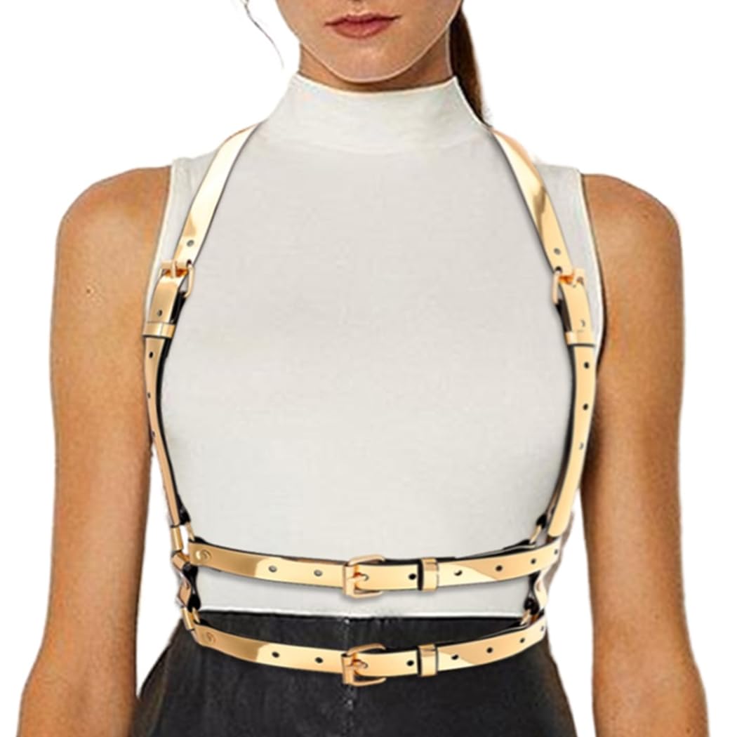 BODIY Women Fashion Harness Belt Gold Mirror Waist Belts Strap Reflective Rave Body Harness Accessory