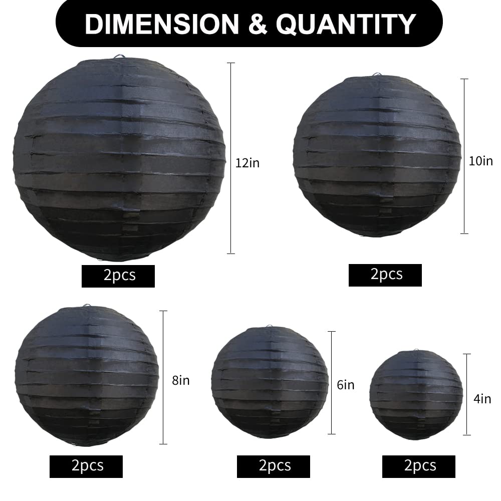 BEISHIDA Black Round Paper Lanterns Decorative Hanging Asia Chinese Japanese Paper Lanterns Lamp for Birthday Wedding Halloween Home Decor Party Decoration（10 Packs）