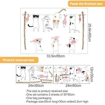 Removable Cartoon Animal Cats Wall Stickers Laundry Room Cats Clothes Hanger Fish Wall Decals Stickers for Girls Bedroom Decal Kids Nursery Sticker Bathroom Wall Art Decoration