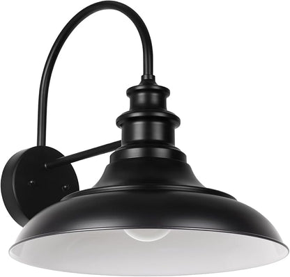 Outdoor Barn Light Fixture, 12.3 Inch Large Dome Farmhouse Exterior Wall Mount Light, Gooseneck Wall Sconce Indoor Wall Lighting Fixture, Industrial Black White Finish Lantern for Porch, RZ004 BK+WH