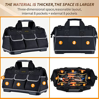 FASTECH 22-inch Wide Mouth Tool Bag with Water Proof Molded Base, Waterproof Tool Organizer Bag for Men with Adjustable Shoulder Strap (22INCH)