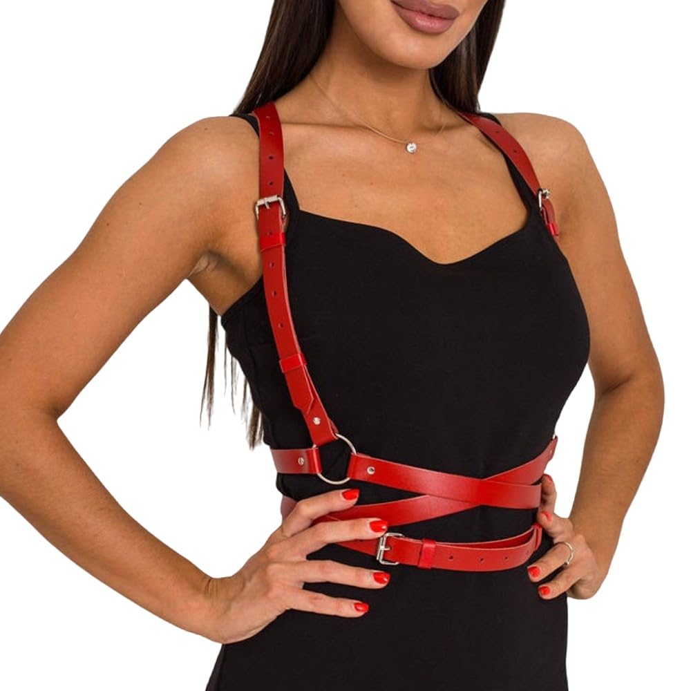 Gothic Leather Waist Harness Belt for Women - Adjustable Chest Vest Body Harness Chains Top for Party, Nightclub, Dating (red)