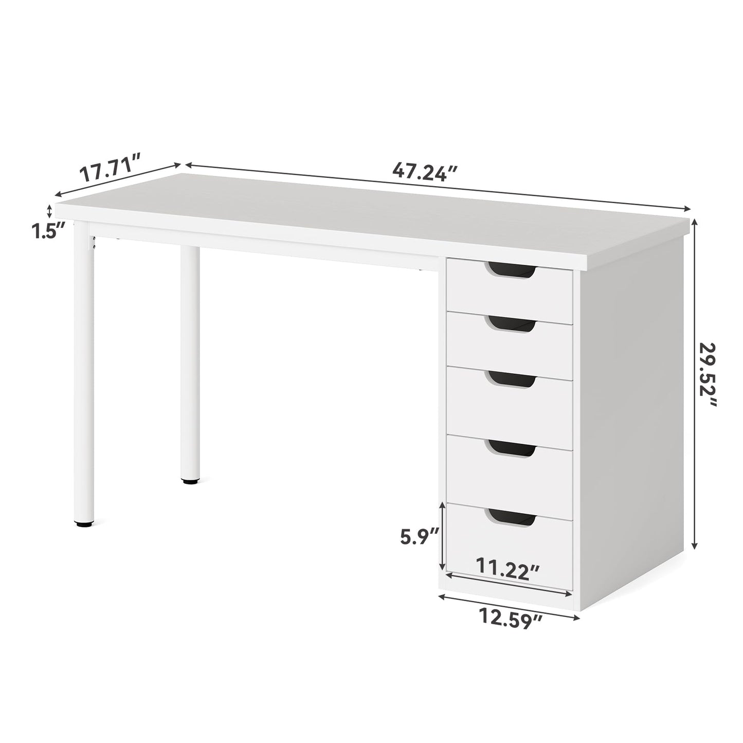 LITTLE TREE Computer Desk with 5 Drawers, 47 Inch White Modern Simple Study Writing Desk with Metal Frame, Work Desk for Home Office