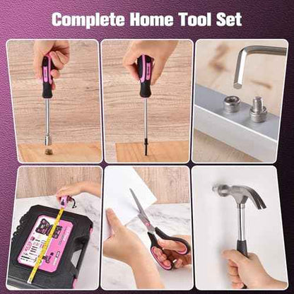 VIGRUE 278 Piece Tool Set, 8V Cordless Drill, Tool Kit with Drill, ToolBox for Men & Women, Home Hand Drill Set for Handyman, DIY (pink)