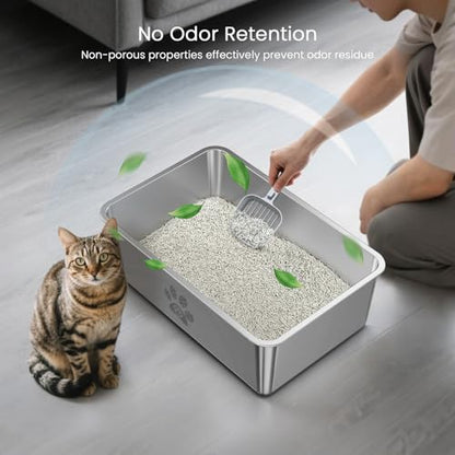 PWTAA Stainless Steel Cat Litter Box High Side Cats Toilet Metal Kitten Litter Pan, Pet Cleaning Tool for Big and Small Cats, Rabbits, Splash-Proof and Non-Stick Cat Poop Box odorless 23.6"x15.7"x5.9"