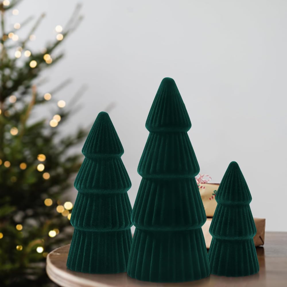 JOICEE Christmas Decorations Indoor, 3 Pcs Velvet Ceramic Christmas Trees Green Modern Cone Tabletop Trees for Xmas Winter Home Room Holiday Decorations Entryway Table Mantel Centerpiece Decor
