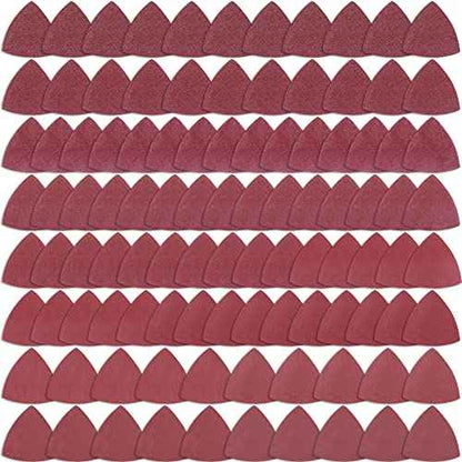 AUSTOR 100 Pieces Triangle Sanding Pads Triangular Sandpaper Sanding Sheets Fit for 3-1/8 Inch Oscillating Multi Tool Hook and Loop Assorted 40/60/80/120/180/240/320/400/600/800/1000 Grits, No Holes