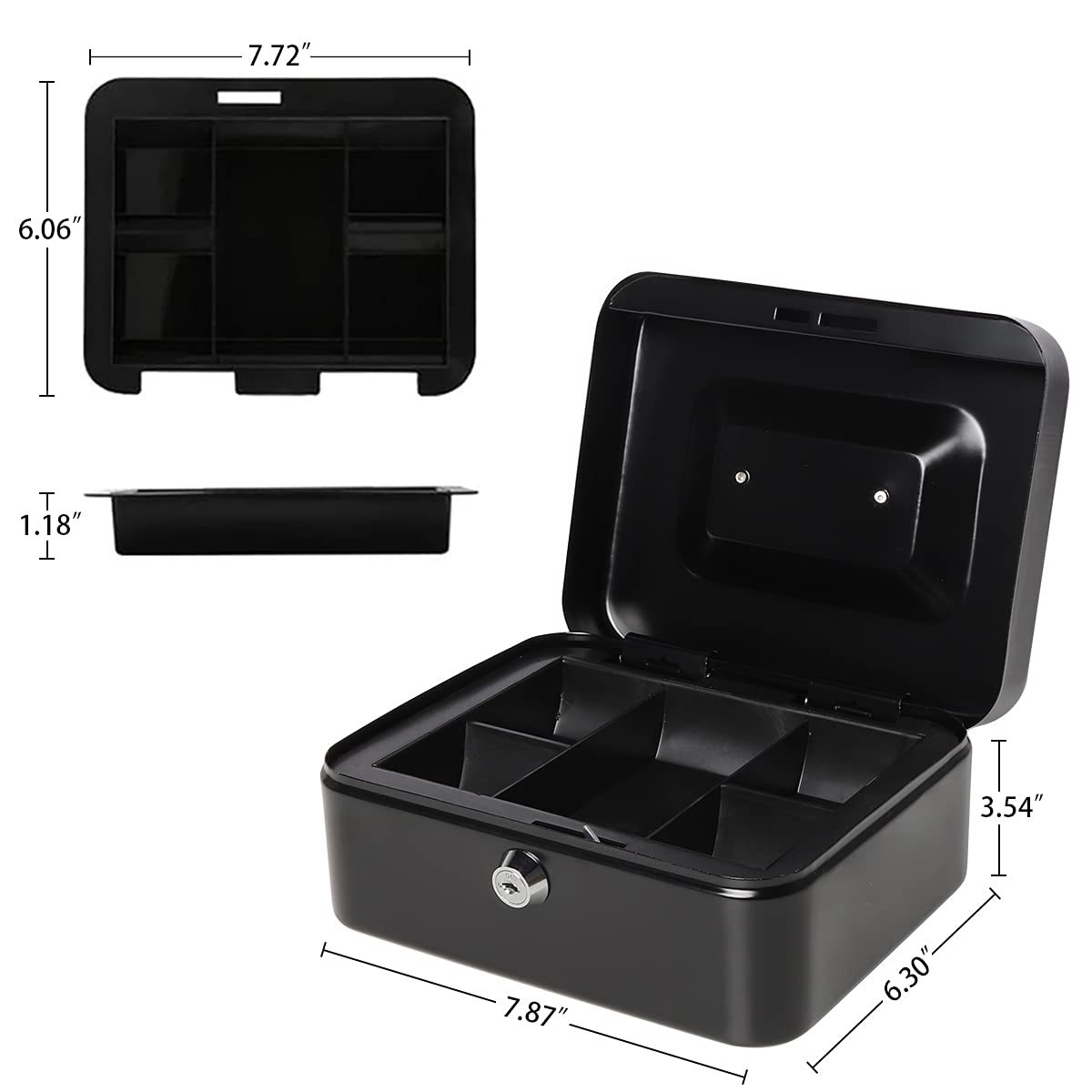 Medium Metal Cash Box with Key Lock Safe and Money Tray for Security,Money Saving Organizer, Parrency Large Money Box with Key Lock，7 4/5" x 6 4/5" x 3 3/5"，Black