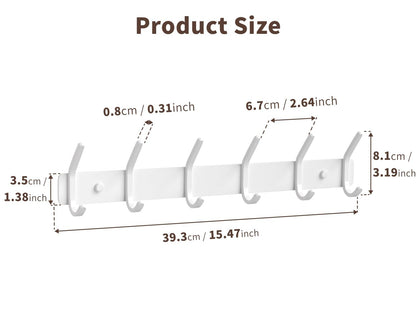 GWAAZXGZ Coat Rack Wall Mount Hooks - 15 Inch Matte White Metal 6-Hook Organizer Wall Mounted, Modern Kids Room, Entryway & Bathroom Hanger for Beach Towels, Coats, Purses, Bags (1 Pack)
