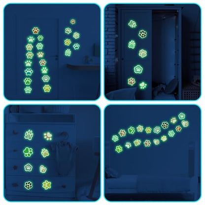 Large Paw Print Stickers 44 Pieces Glow in The Dark, Cute Dog and Cat Animals Art Wall Decals, Removable Luminous Footprint Nursery Bedroom Room Decor