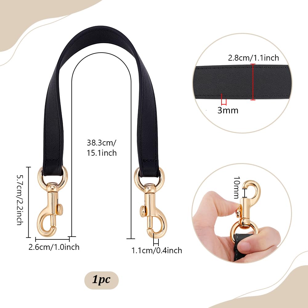 PH PandaHall 15 Inch Short Purse Strap, 1.1 Inch Wide Genuine Leather Bag Strap Black Bag Handles Replacement Puse Handles for Women Men DIY Underarm Bag Handbag Shoulder Bag, Golden Hardware