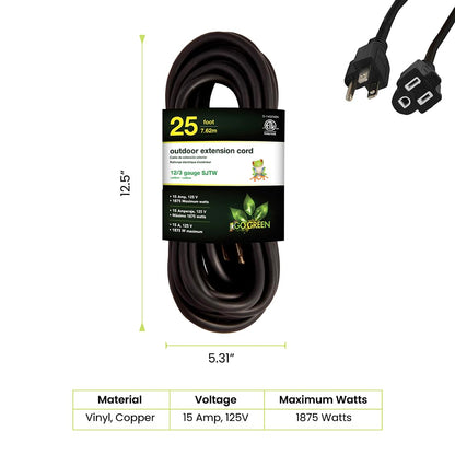 Go Green Power Inc. (G-14025BK) 12/3 SJTW Outdoor Extension Cord, Black, 25 ft