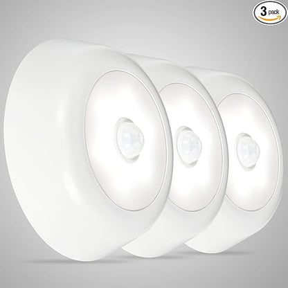 DLLT Battery Powered Motion Sensor Light, Battery Operated LED Ceiling Light with 900LM, Wireless Flush Mount Round Sensor Lighting for Closet Stair Hallway Shower Shed Garage Pantry, (5000K, 3-Pack)