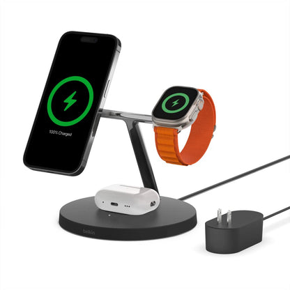 Belkin MagSafe-Compatible Charger, 3-in-1 Wireless Charging Station, Qi2-Certified 15W Wireless Charge for Apple iPhone 17 Series, Apple Watch, AirPods w/Non-Slip Base, 40W Included - Black