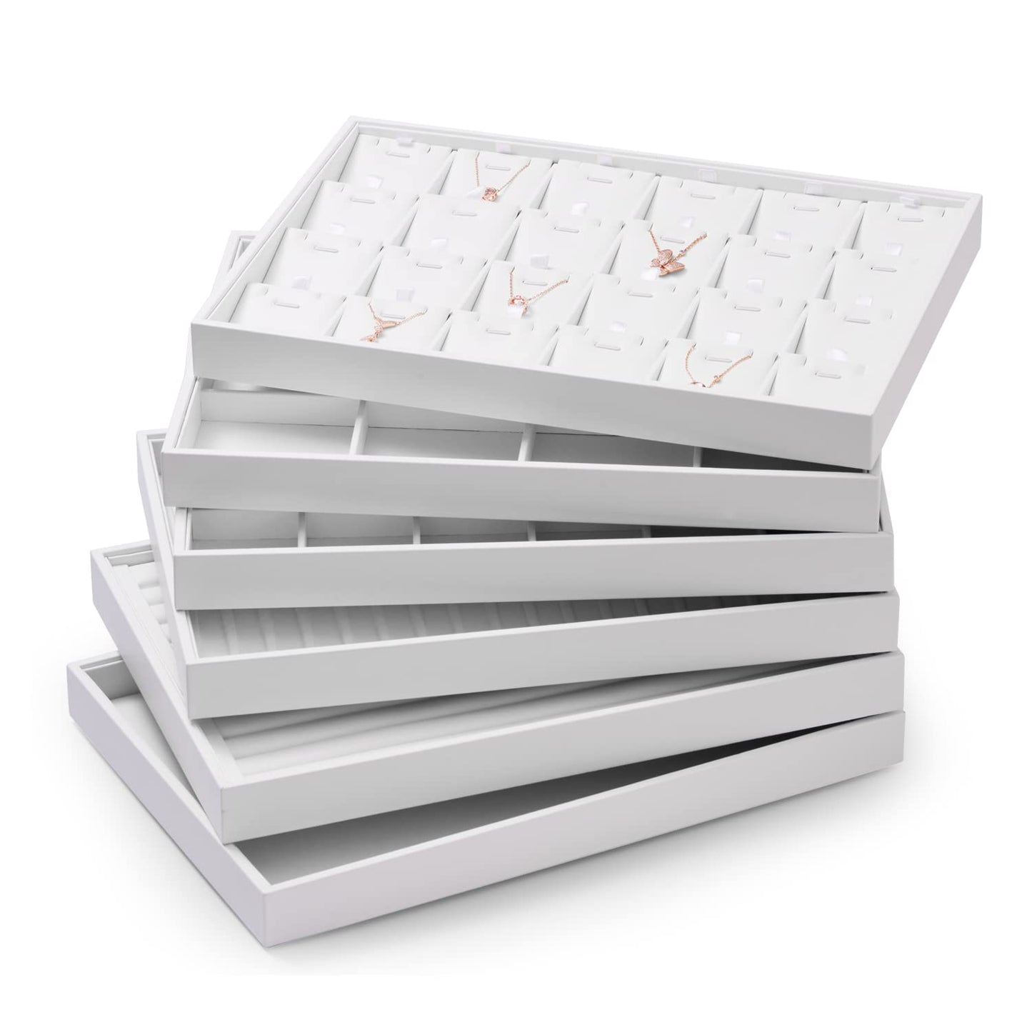 Oirlv Premium White Leather Stackable Jewelry Tray 24 Grid Jewelry Organizer Tray with Removable Inserts Cards Necklace Display Holder
