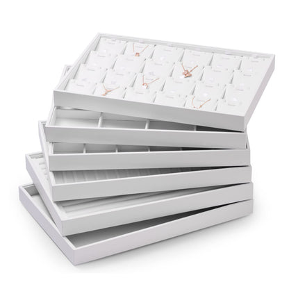 Oirlv Premium White Leather Stackable Jewelry Tray 24 Grid Jewelry Organizer Tray with Removable Inserts Cards Necklace Display Holder