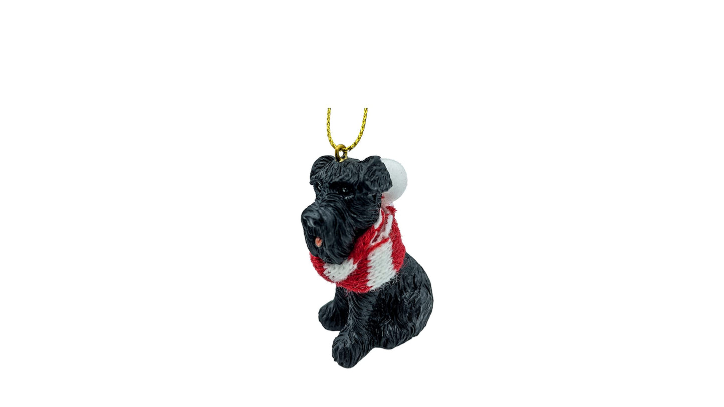 December Pets Miniature Black Schnauzer Dog Christmas Tree Ornament with Candy Cane Scarf
