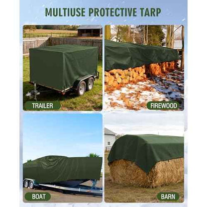 HIRALIY 20 Mil Heavy Duty Waterproof Tarp, 12x15ft Green Tarpaulin with Reinforced Webbing Loops, Multipurpose Oxford Canvas Tarp for Firewood, Roof, Camping, Pool