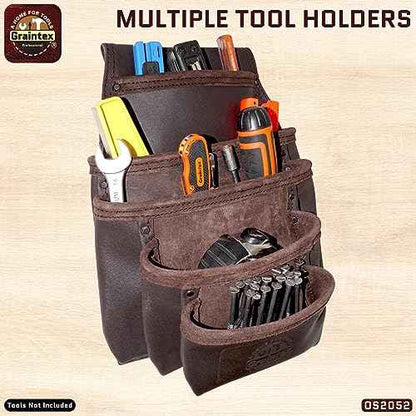 Graintex OS2052 5 Pocket Oil Tanned Nail & Tool Pouch Dark Brown Color for Constructor/Electrician/Plumber