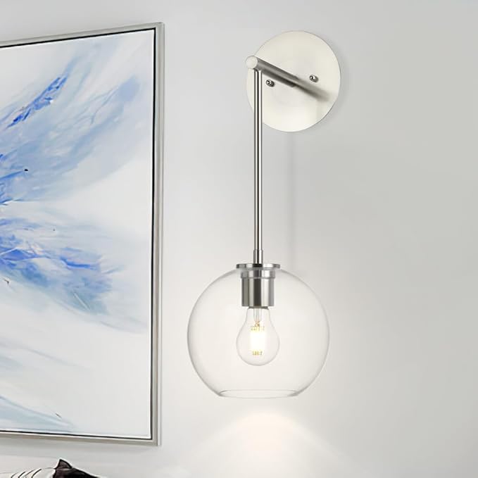 XiNBEi Lighting Globe Wall Sconce, Modern Brushed Nickel Vanity Light, Wall Mounted Hanging Light Fixture for Bathroom, Bedroom, Hallway XB-W1263-BN-1