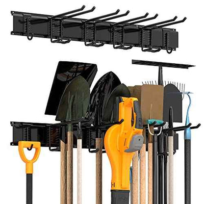 Garage Tool Storage Rack, Heavy Duty Garage Storage Organizer Rack System Wall Mounted Tool with 6 double hooks, 2 rails, Garden Yard Tools Hanger Rack for Ski Gears, Broom, Rake,Shovel