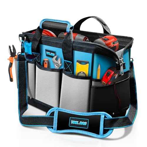16 Inch Tool Bag Heavy Duty Tool Box Organizer, Portable Tool Organizers and Storage Bag, Tactical Toolbox with Anti-Slip Base & Adjustable Strap for Electrician, DIYer, HVAC, Mechanic