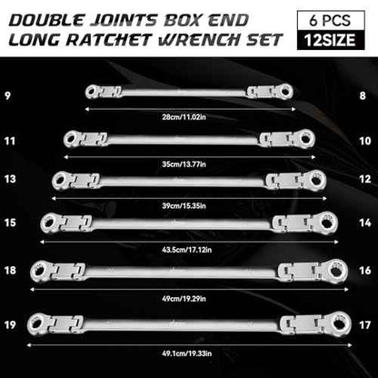 DISEN Double Jointed Extra Long Flex Head Ratchet Wrench Set, 6 PCS Metric 8-19mm Box End Ratcheting Wrench with a Magnetic Pickup Tool Kit, 72-Teeth, Cr-V Steel,12 Point Combination Wrench set